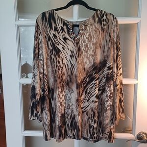 Susan Graver Taupe Animal Print Silky Women's Top 3/4 Sleeves 1X Never Worn